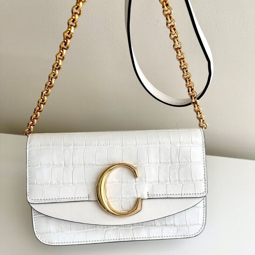 CHLOE C White Croc-Embossed Leather Shoulder Chain Bag